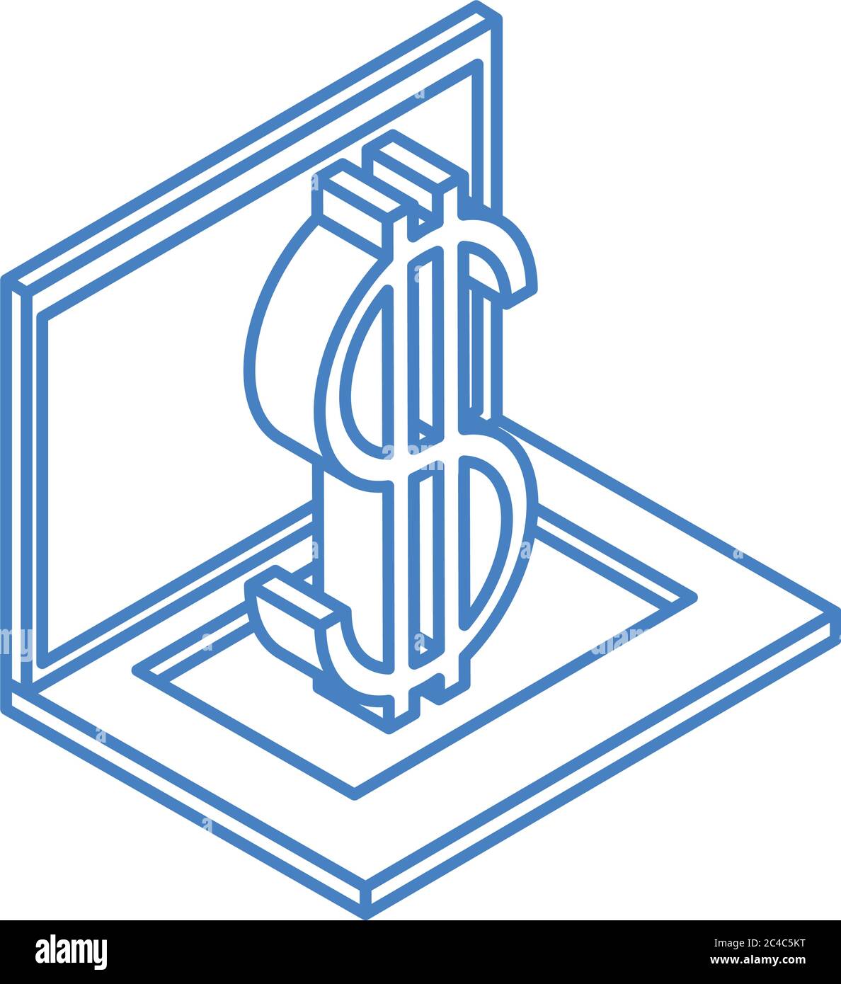 isometrica valuta di contanti computer portatile dollaro isolato su sfondo bianco vettore illustrazione lineare blu icona Illustrazione Vettoriale