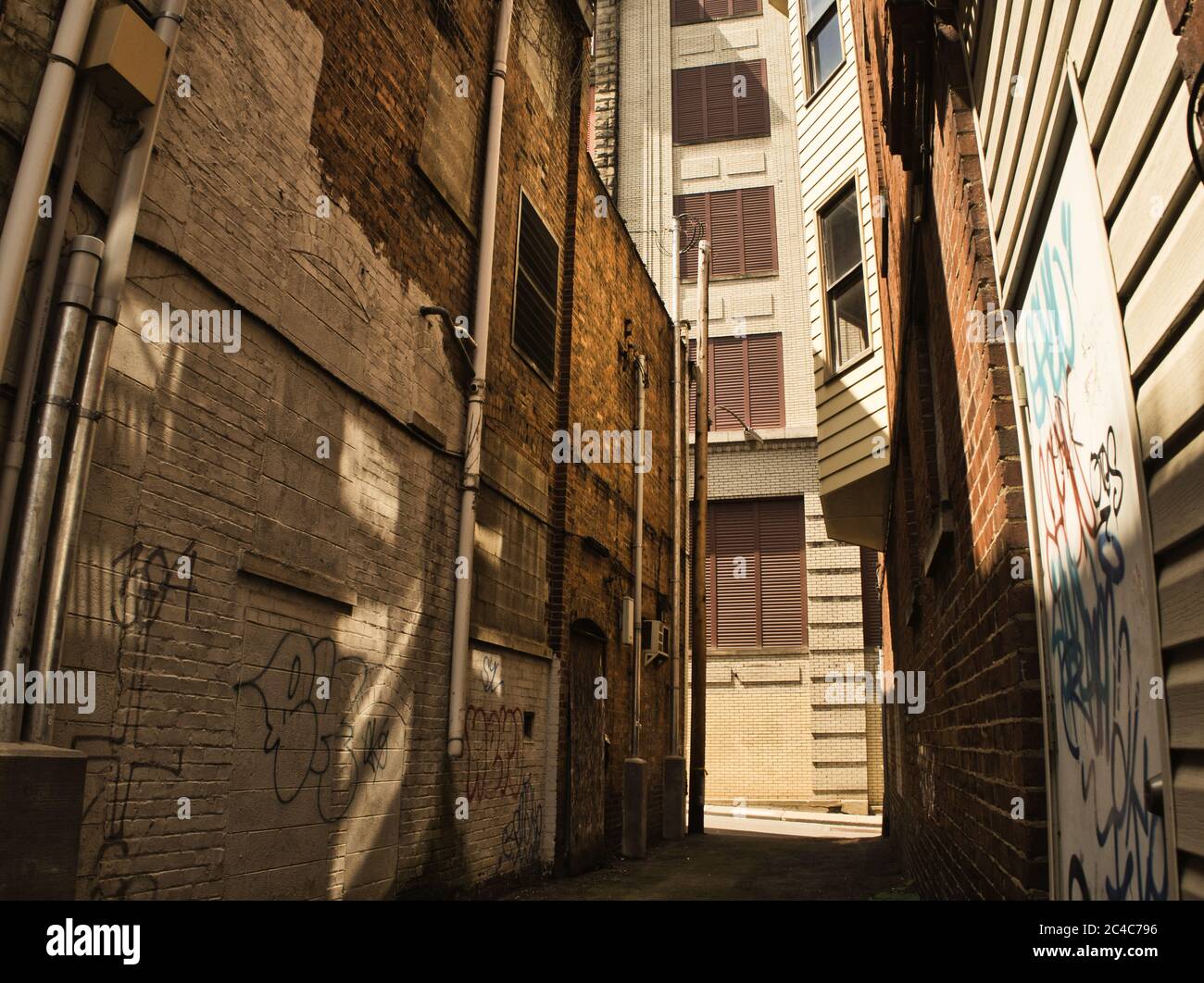 Vicolo stretto tra 2 edifici in mattoni a Wheeling, West Virginia USA Foto Stock