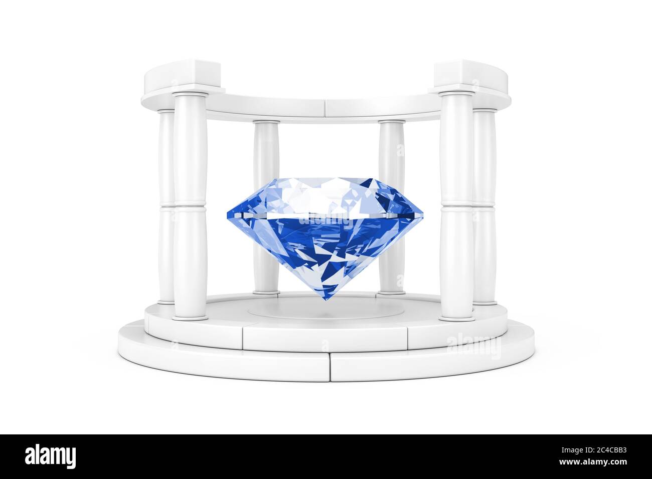 Grande Blue Clear Diamond nel Centro di White Antique Podium con colonne in stile Clay su sfondo bianco. Rendering 3d Foto Stock