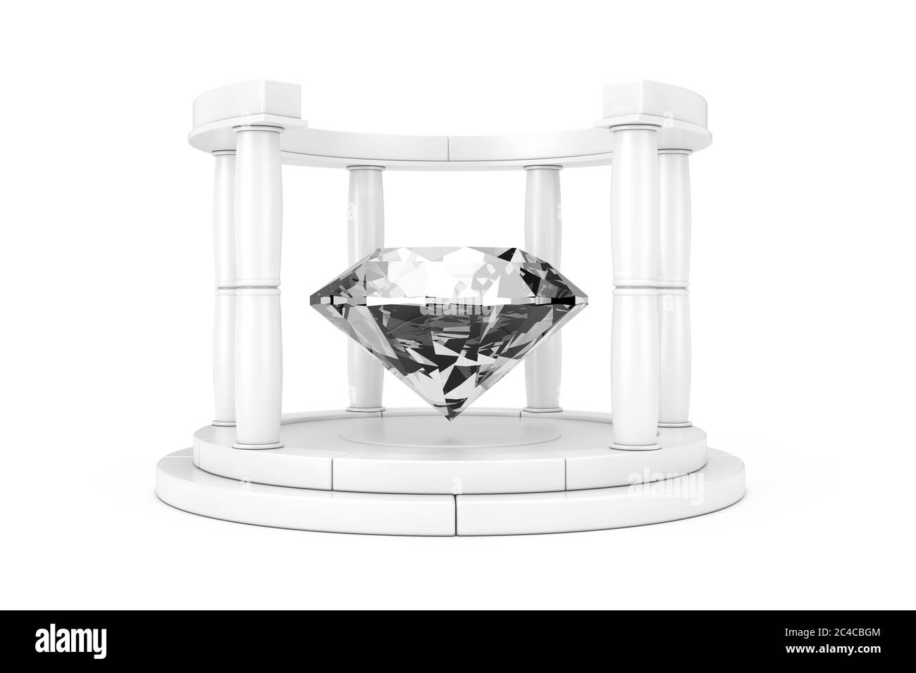 Grande diamante trasparente nel centro del podio antico bianco con colonne in stile Clay su sfondo bianco. Rendering 3d Foto Stock