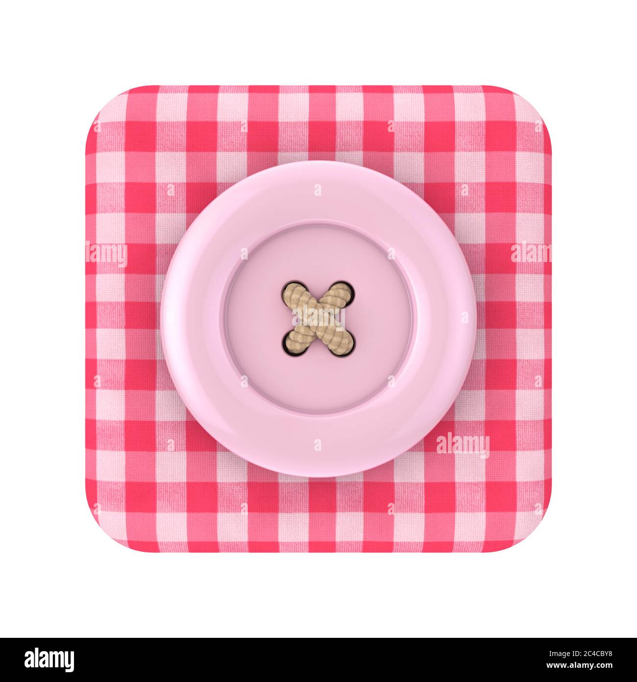 Pulsante di cucito rosa sopra l'icona scatola in tessuto Tartan rosa su sfondo bianco rendering 3d Foto Stock