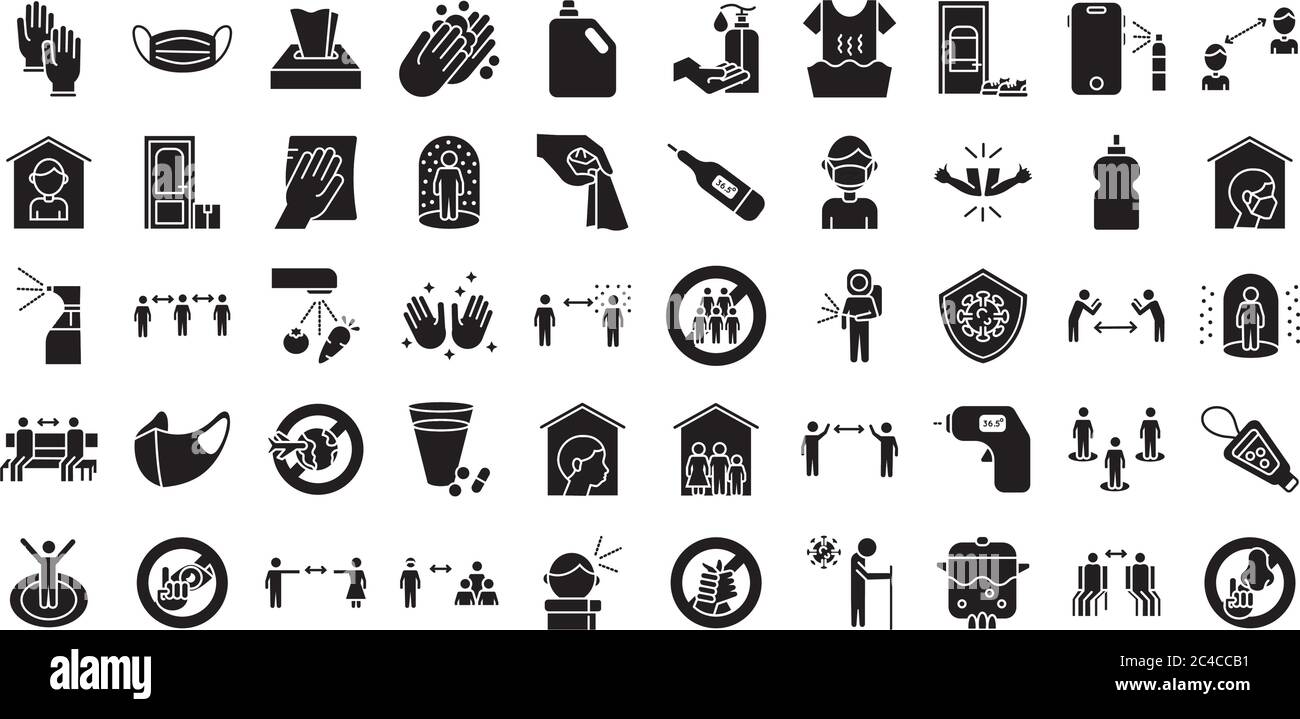 insieme di distanza sociale e di covid19 impostare icone disegno vettoriale illustrazione Illustrazione Vettoriale