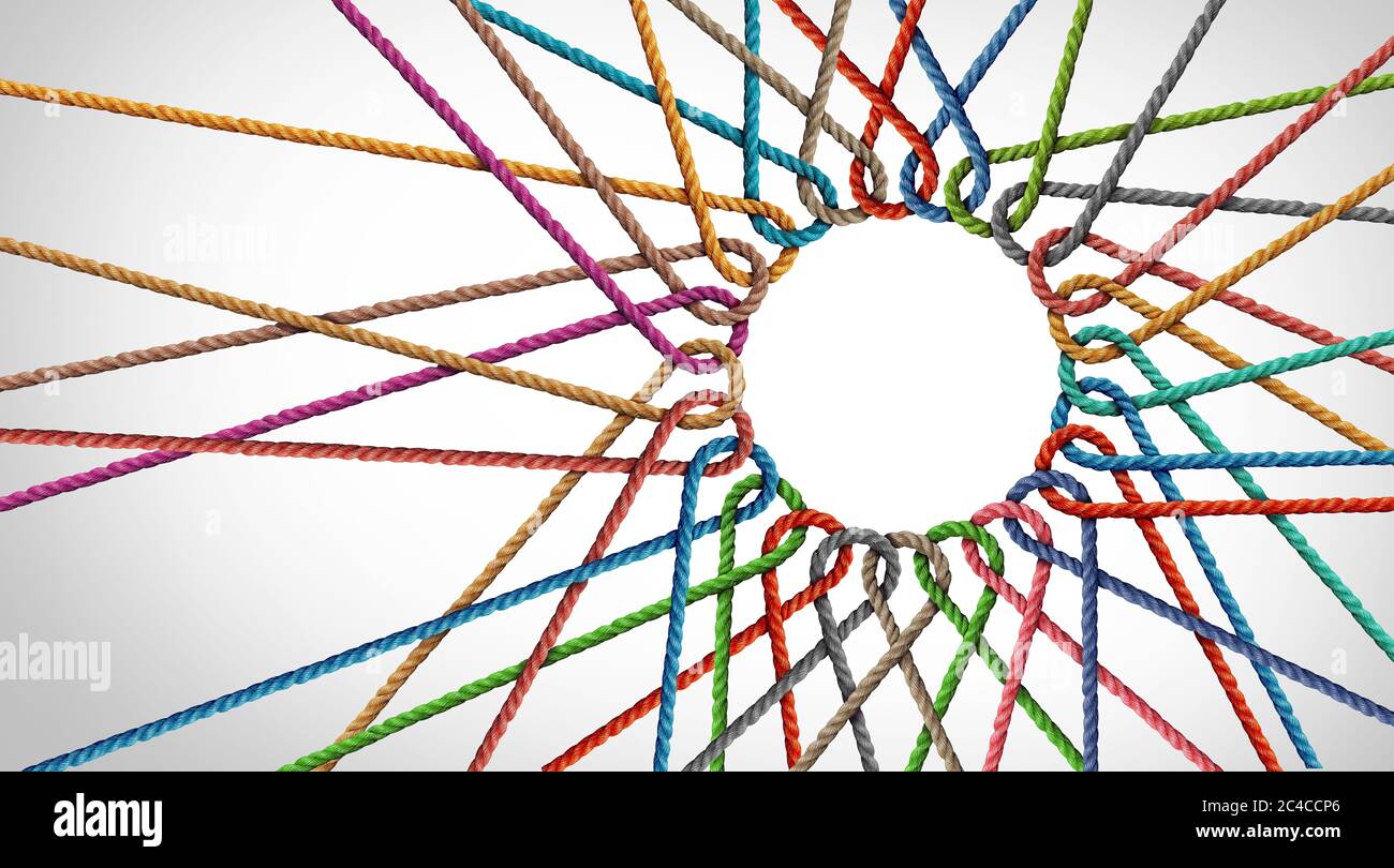 Business Unity e la partnership di connessione come corde a forma di cerchio in un gruppo di diverse corde collegate insieme a forma di simbolo di supporto. Foto Stock