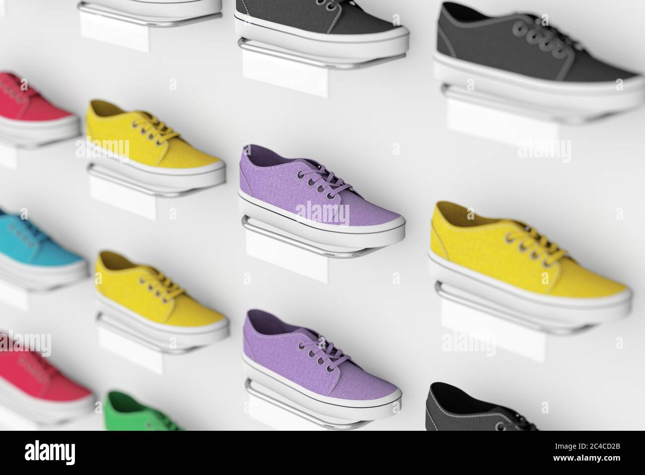 Molti sneakers multicolore Footwear Mostra su scaffale in vendita in Fashion Shop Extreme closeup. Rendering 3d Foto Stock