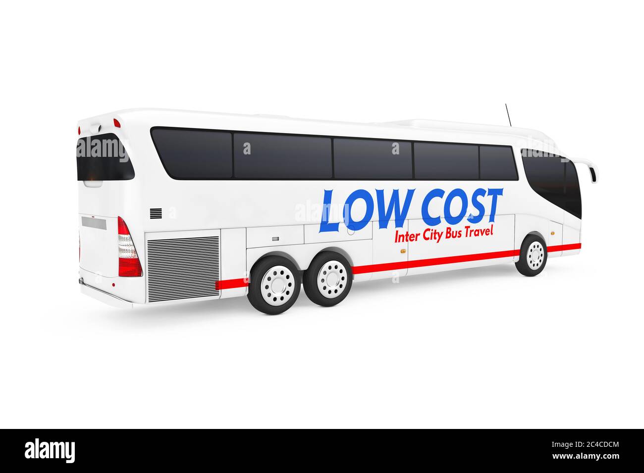 Tour in autobus della Big White Coach Inter City Travel Bus con cartello Low Cost su sfondo bianco. Rendering 3d Foto Stock