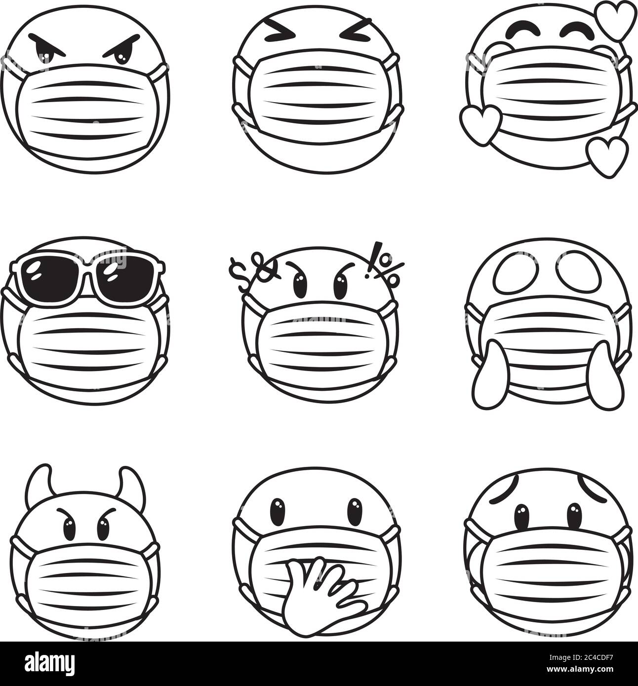 gruppo di emoji che indossano mascherine mediche caratteri disegno vettoriale illustrazione Illustrazione Vettoriale