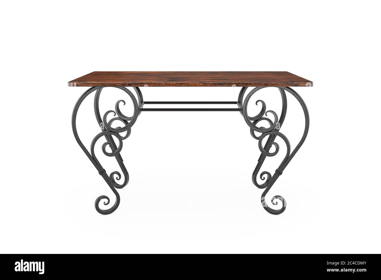 Tavolo in legno classico d'epoca con gambe in ferro su sfondo bianco. Rendering 3d Foto Stock
