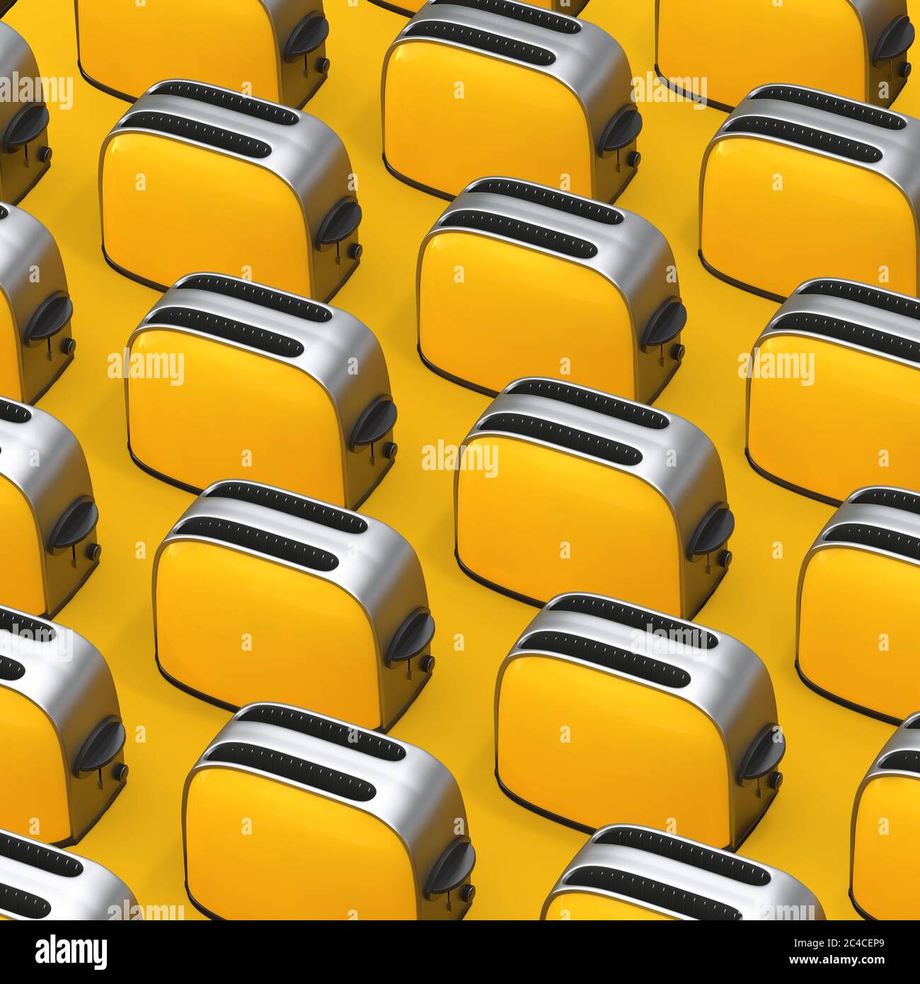 Righe di gialle vintage Toasters su sfondo giallo. Rendering 3d Foto Stock