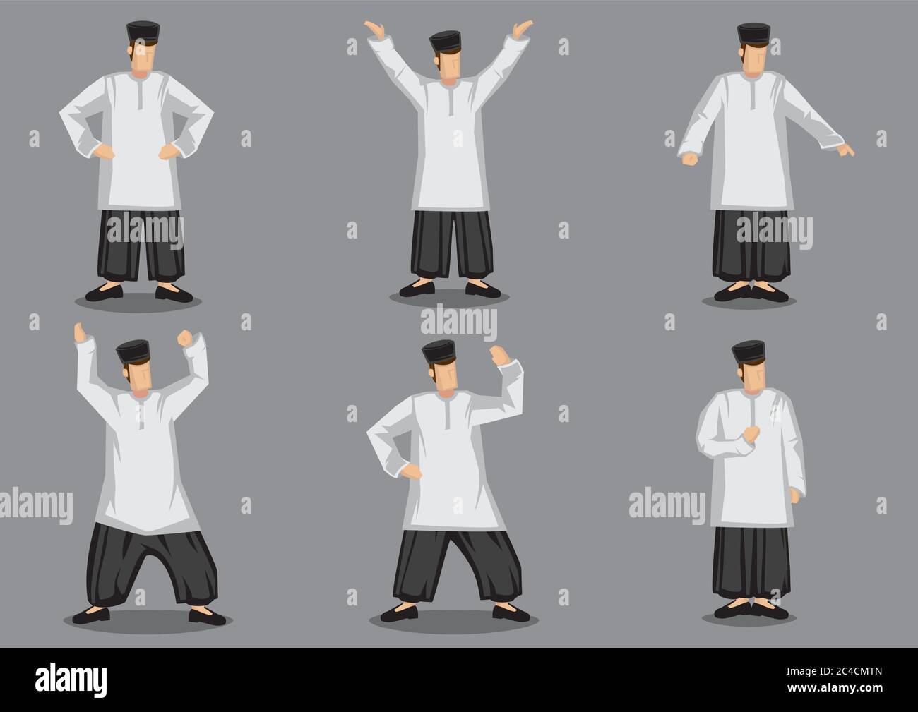 Set di sei illustrazioni vettoriali di disegno di carattere malese in costume tradizionale isolato su sfondo grigio. Illustrazione Vettoriale