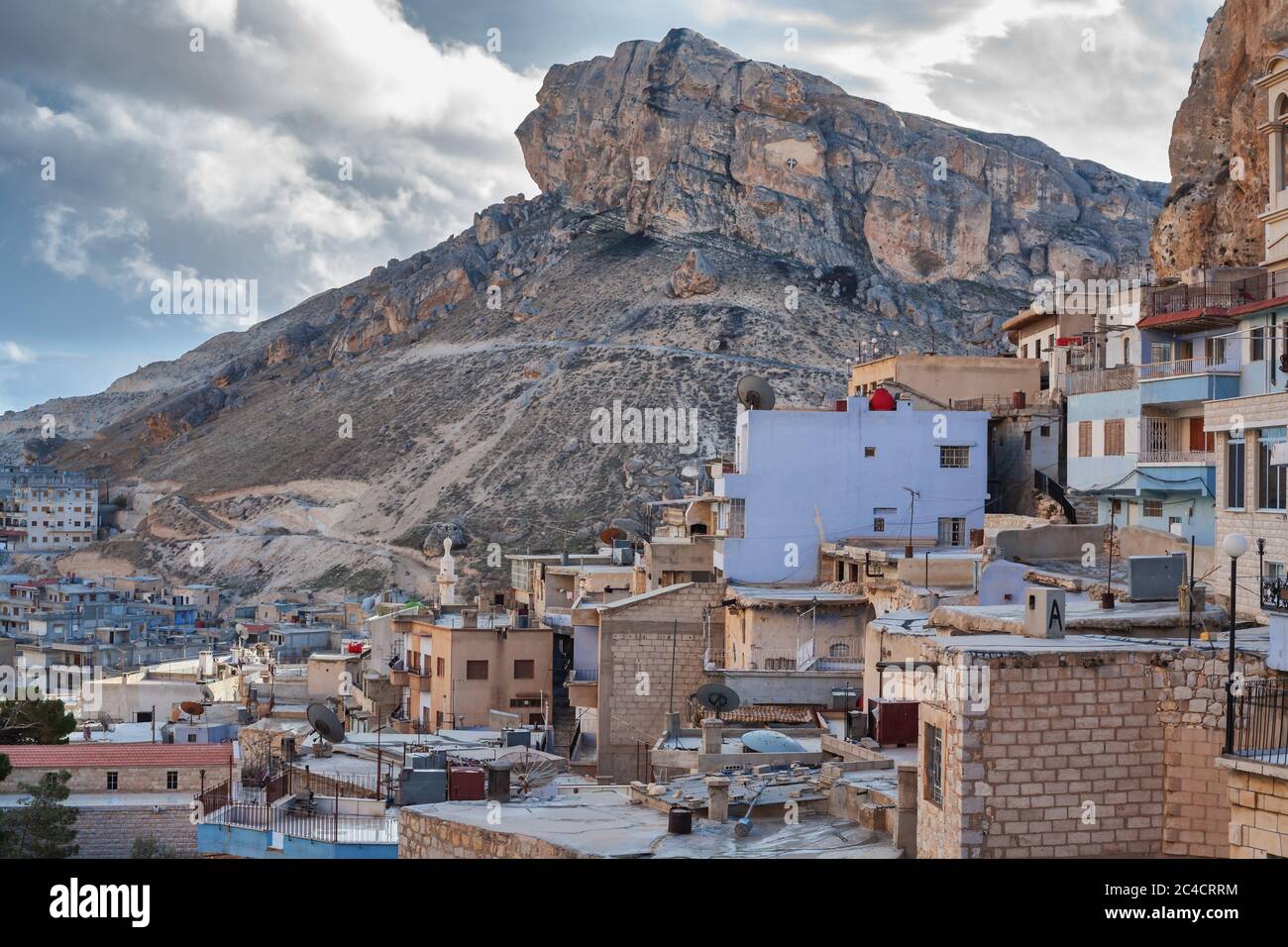 Maloula, Maalula, villaggio con il monastero di Mar Sarkis, San Sergius in cima alla collina, Siria Foto Stock