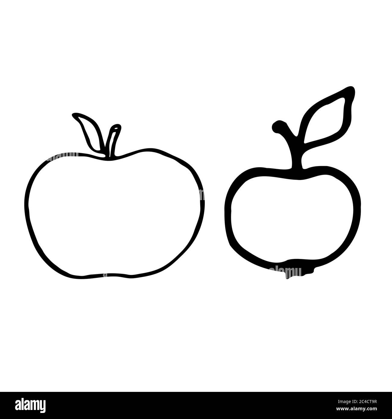 Mela con stelo e foglia. Icona a forma di dodle disegnata a mano. Isolamento trasparente su sfondo bianco. Illustrazione vettoriale per biglietti d'auguri, poster Illustrazione Vettoriale