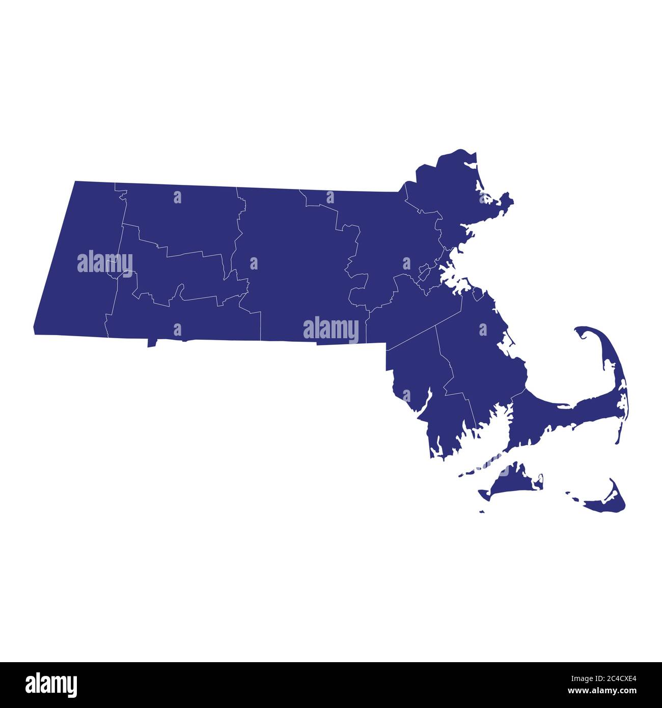 La mappa di alta qualità del Massachusetts è uno stato degli Stati Uniti d'America con i confini delle contee Illustrazione Vettoriale