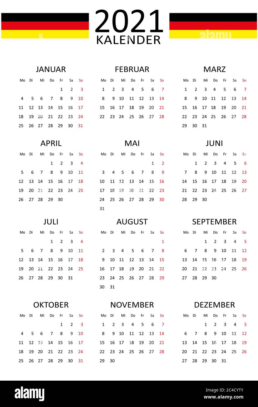 Calendario tedesco per il 2021. 12 mesi su una pagina. Inizio fine settimana da lunedì. Stile pulito e trasparente. Layout calendario monocromatico. Domenica Rossa. Illustrazione Vettoriale