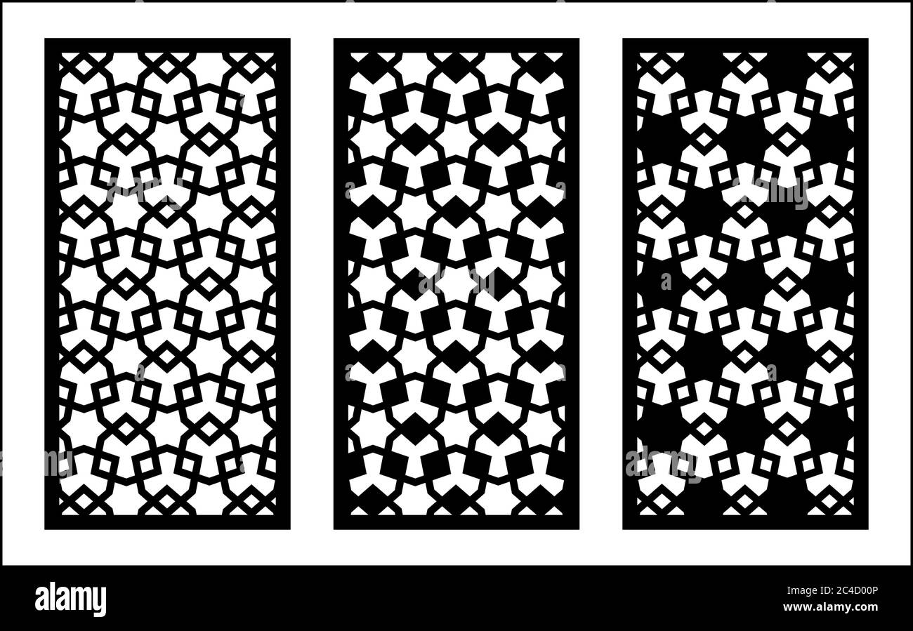 Set di pannelli decorativi vettoriali con taglio laser. Design Jali, arredamento cnc, design d'interni. Taglio laser arabo islamico. Illustrazione Vettoriale