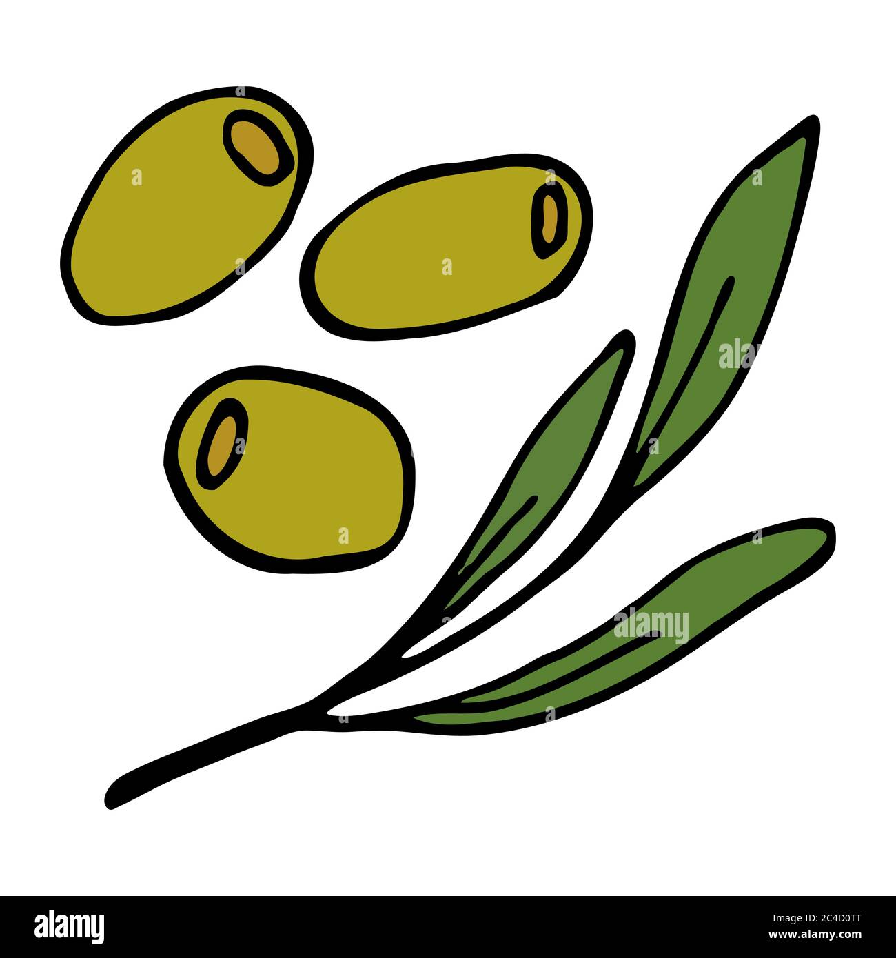 Verdeggiante tre olive e rammollire con foglie. Icona a forma di dodle disegnata a mano. Colorato isolato su sfondo bianco. Illustrazione vettoriale per le schede Illustrazione Vettoriale