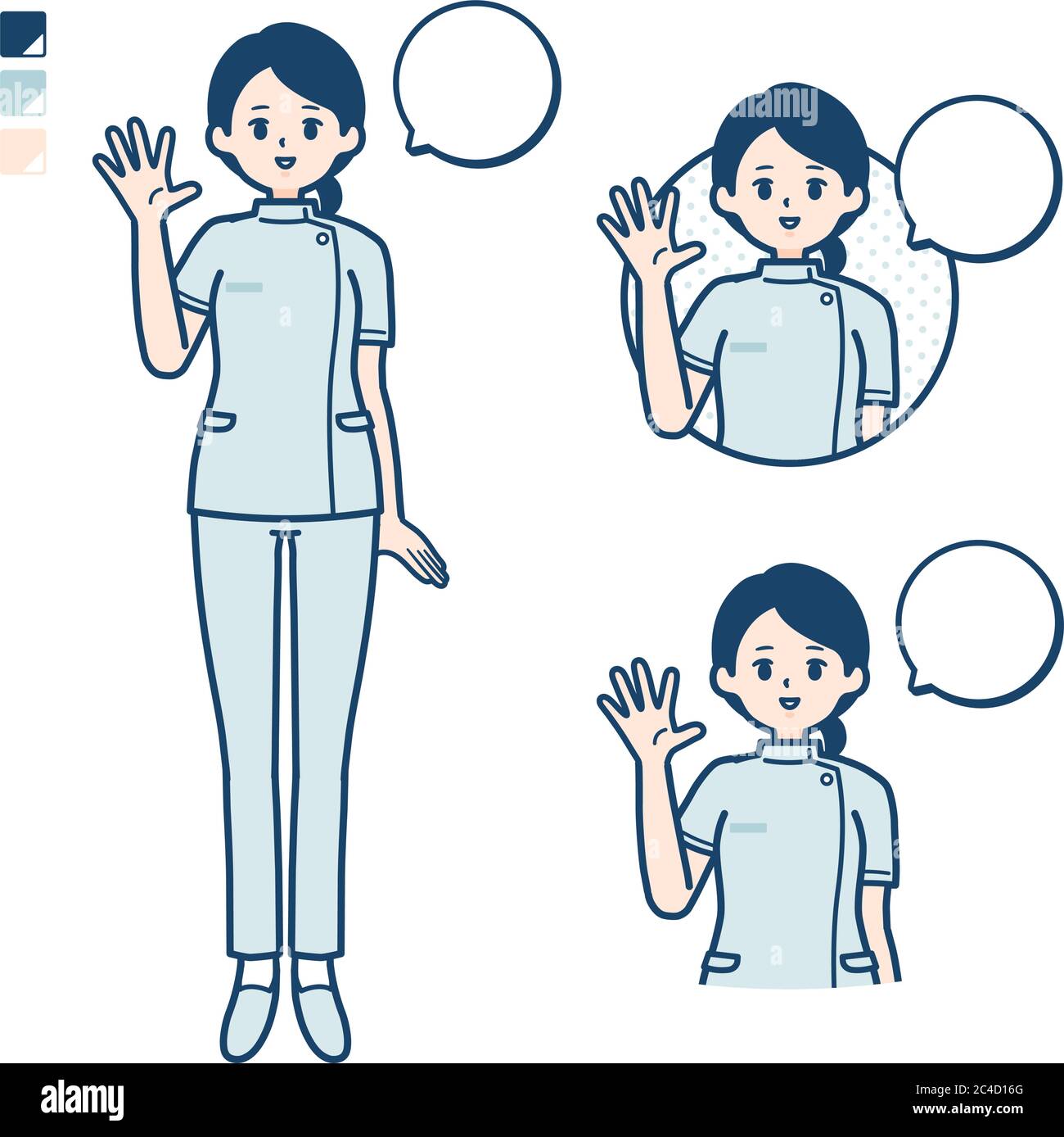 Una giovane infermiera con immagini di saluto. È arte vettoriale, quindi è facile da modificare. Illustrazione Vettoriale