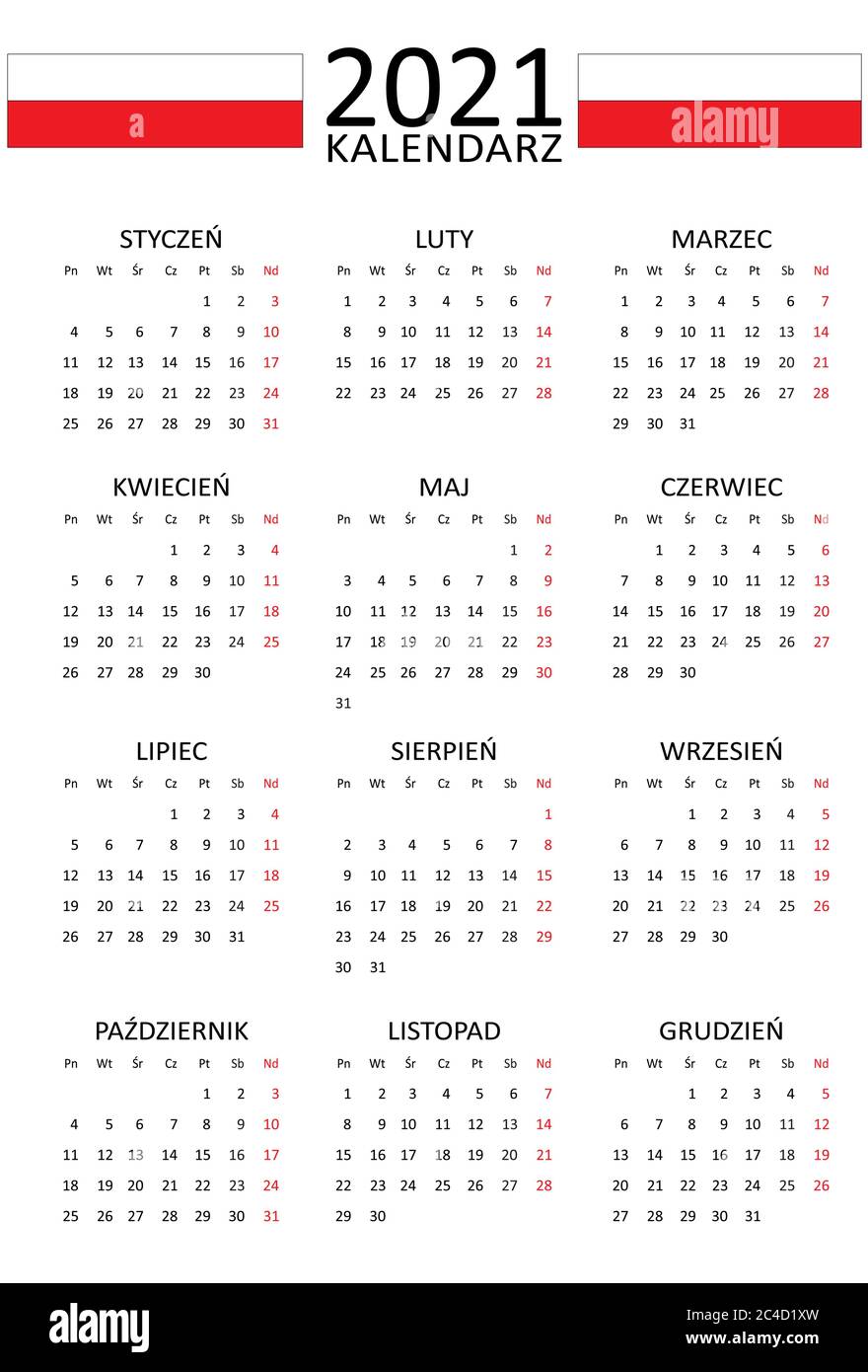 Calendario polacco per il 2021. 12 mesi su una pagina. Inizio fine settimana da lunedì. Stile pulito e trasparente. Layout calendario monocromatico. Domenica Rossa. Illustrazione Vettoriale