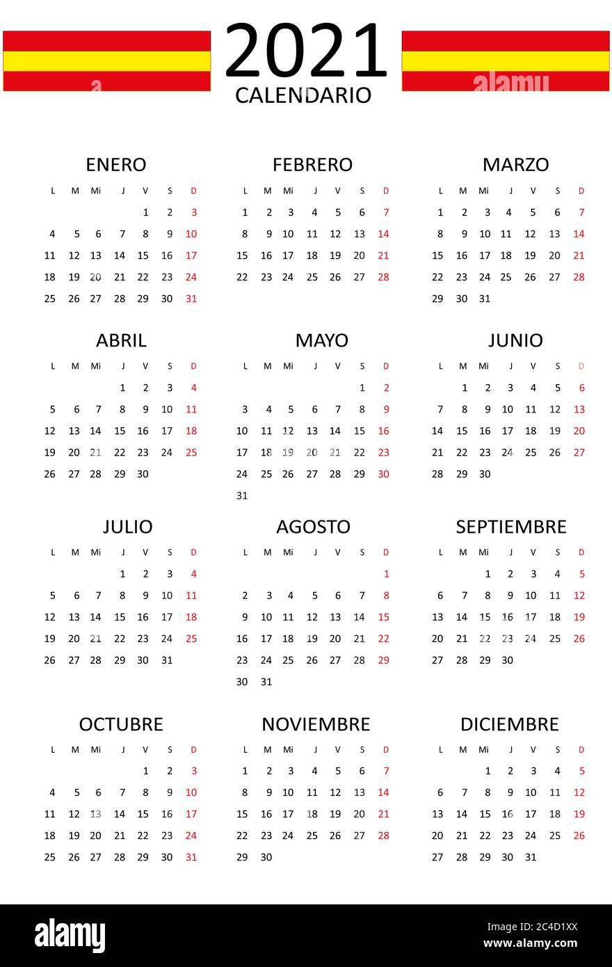 Calendario spagnolo per il 2021. 12 mesi su una pagina. Inizio fine settimana da lunedì. Stile pulito e trasparente. Layout calendario monocromatico. Domenica Rossa. Illustrazione Vettoriale