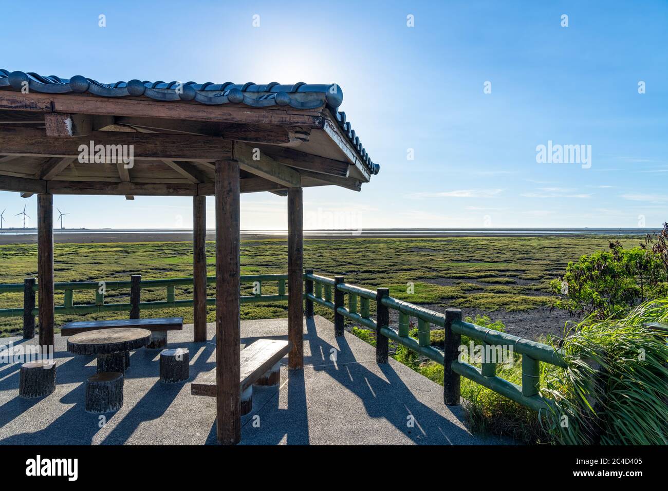 Il percorso turistico delle paludi di Gaomei, un popolare punto panoramico nel quartiere di Qingshui. Taichung City, Taiwan Foto Stock