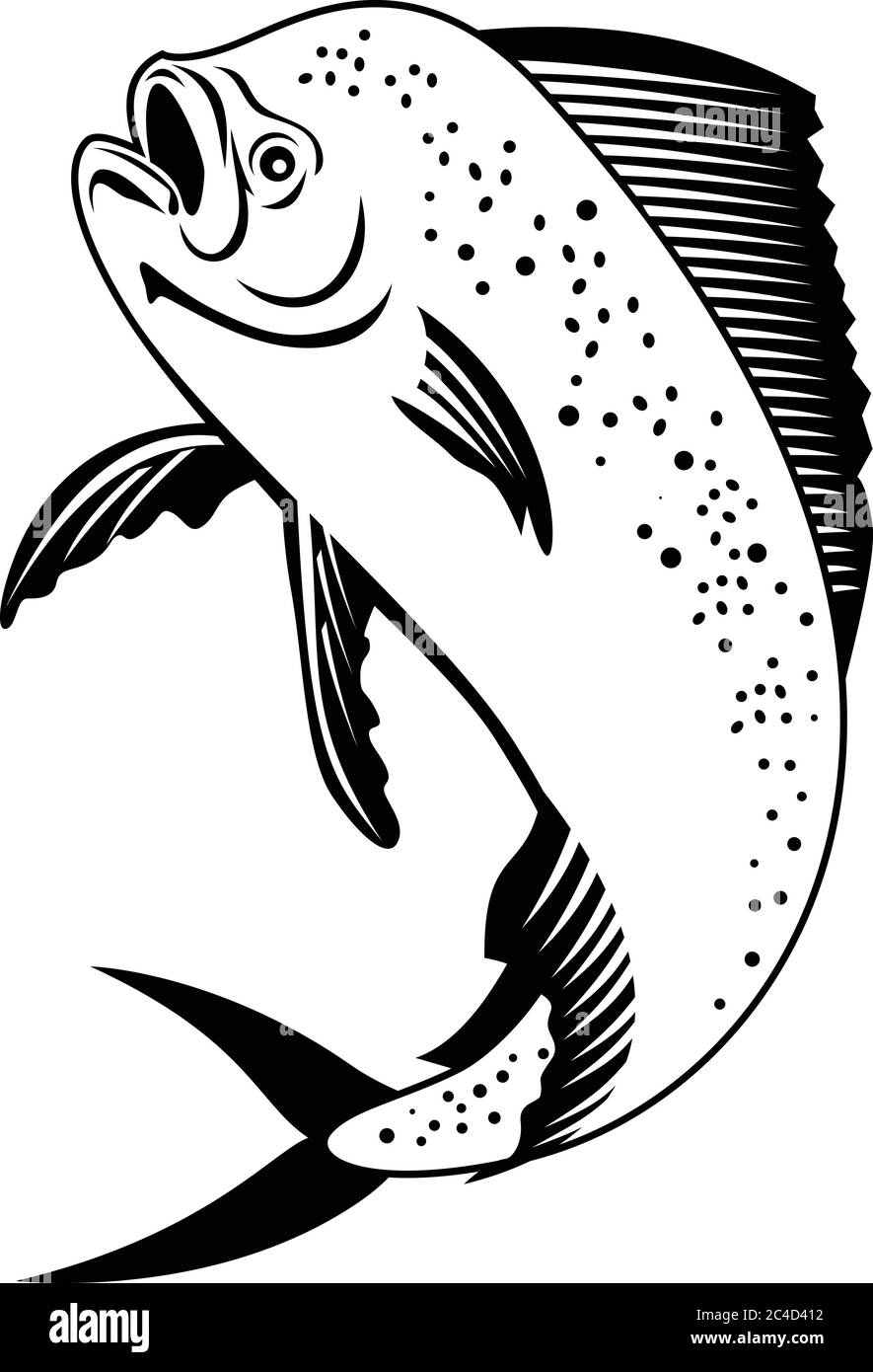 Illustrazione in stile retrò bianco e nero di un mahi-mahi, dorado, un comune delfinish o un delfino pesce visto dal lato saltando in su insieme su wh isolato Illustrazione Vettoriale