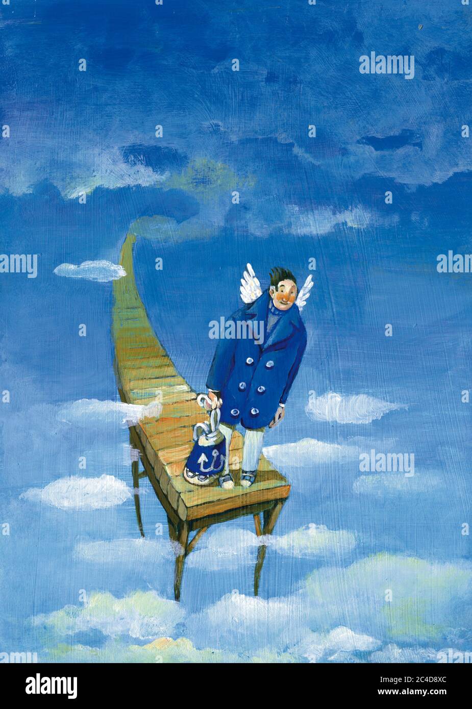 concetto surreale di desiderio di libertà un uomo con due ali d'angelo è pronto per la rinascita come un marinaio che sta lasciando un porto situato nelle nuvole Foto Stock