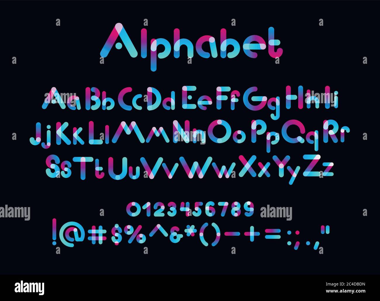 Carattere alfabeto a colori. Colore maiuscolo, lettere minuscole e numeri su sfondo nero, illustrazione vettoriale Illustrazione Vettoriale