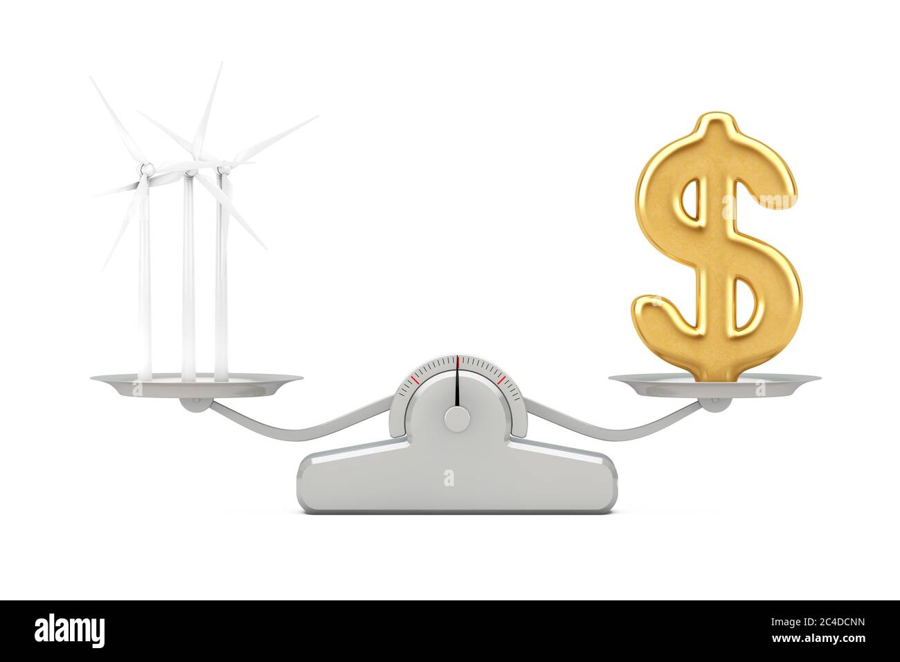 Golden Dollar Sign con Wind Turbines Windmills Balancing su una semplice scala di ponderazione su uno sfondo bianco. Rendering 3d Foto Stock