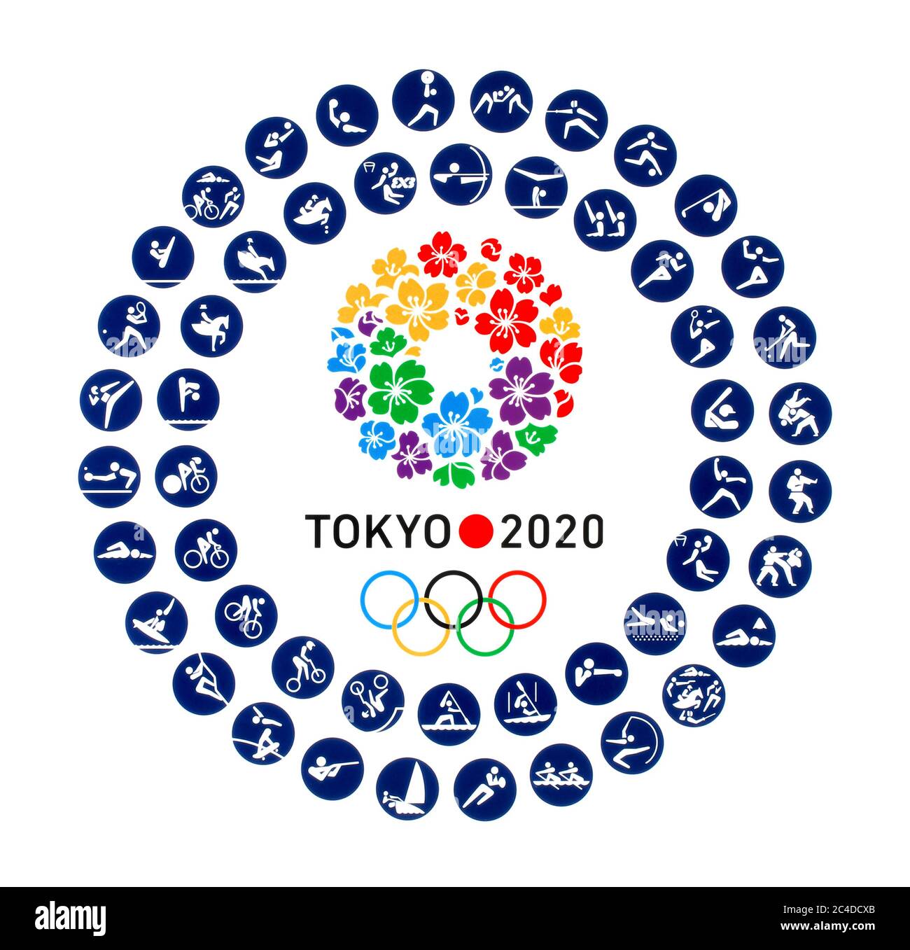 Kiev, Ucraina - 04 ottobre 2019: Logo Tokyo Candidate City per i Giochi Olimpici estivi 2020 con icone ufficiali di tipi di sport a Tokyo, Giappone, f Foto Stock