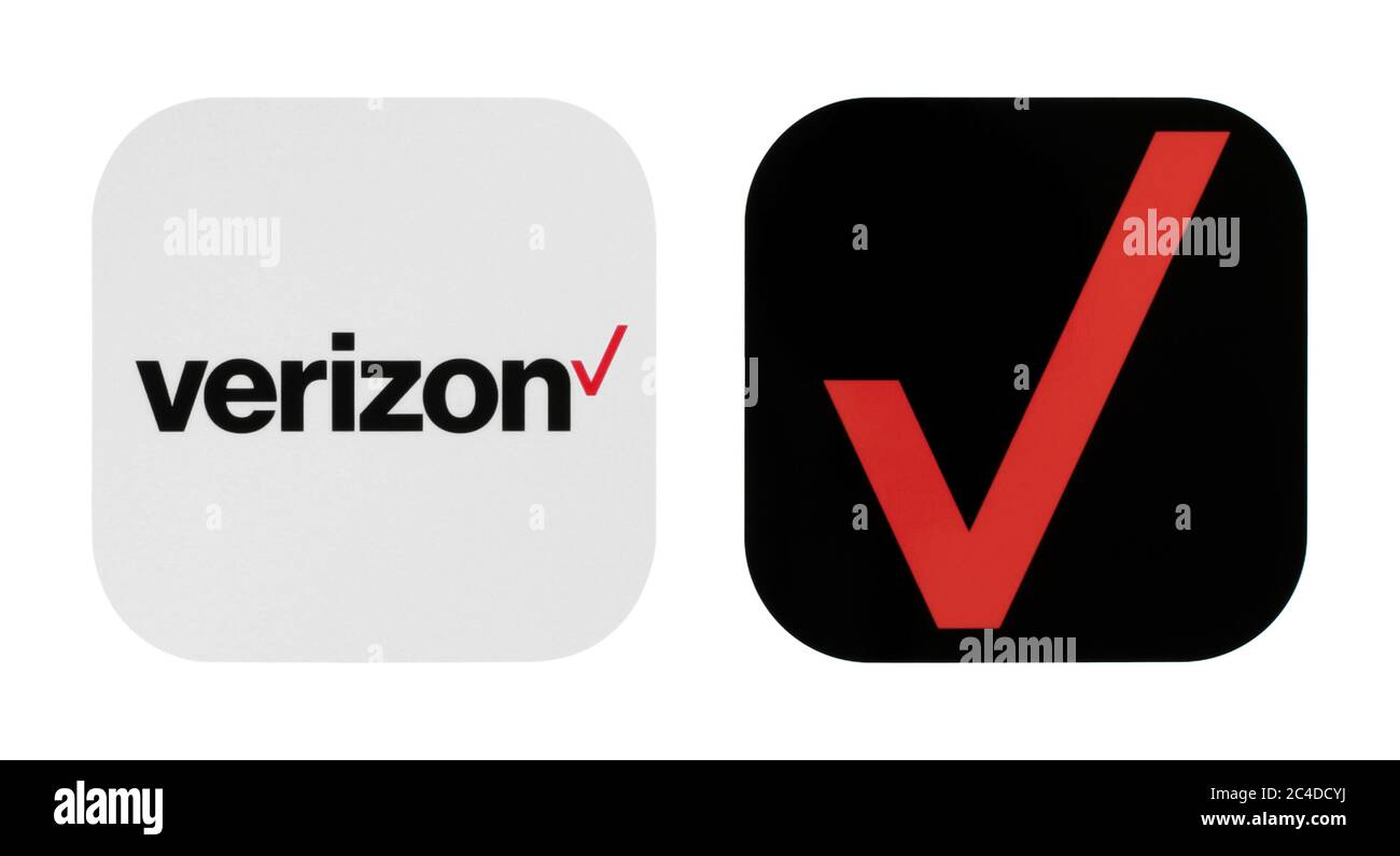 Kiev, Ucraina - 02 novembre 2019: Verizon vecchie e nuove icone stampate su white paper. Verizon Communications è una multinazionale americana di telecomunicazioni Foto Stock