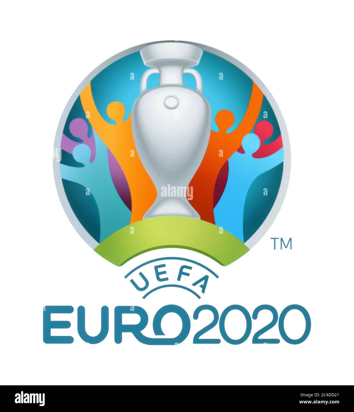 Kiev, Ucraina - 04 ottobre 2019: Logo ufficiale del Campionato europeo UEFA 2020, stampato su white paper Foto Stock