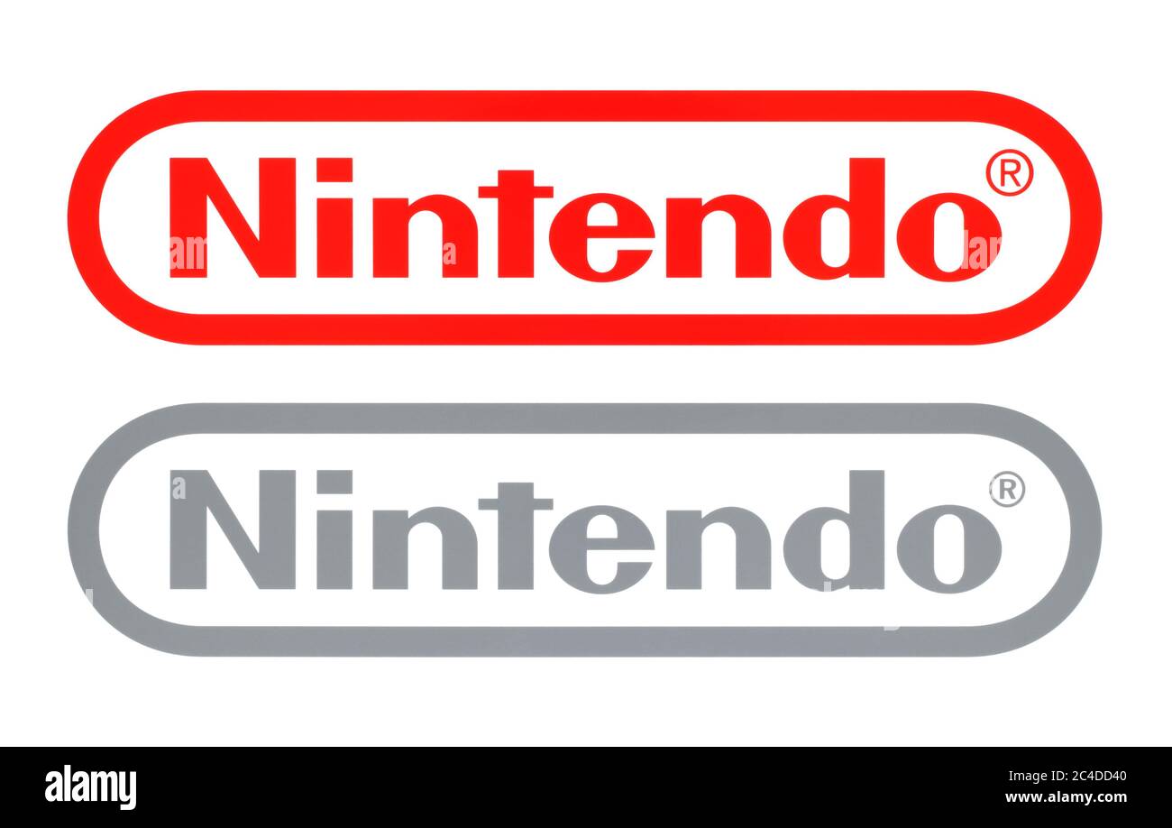 Kiev, Ucraina - 23 febbraio 2020: Nuovi e vecchi loghi Nintendo, stampati su white paper. Nintendo è una multinazionale giapponese di elettronica di consumo e v Foto Stock