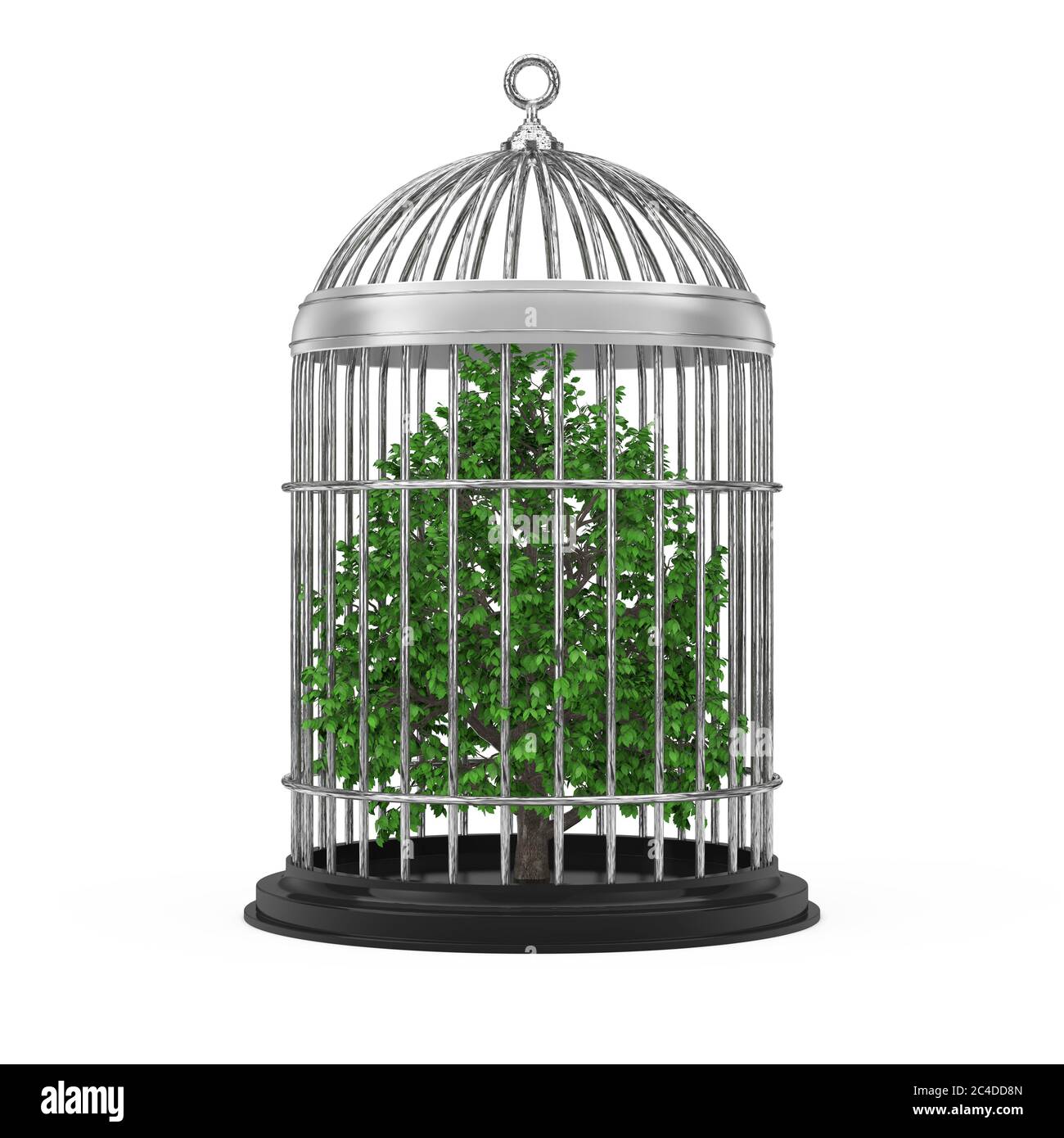 Concetto di ecologia. Albero verde in gabbia metallica su sfondo bianco. Rendering 3d Foto Stock