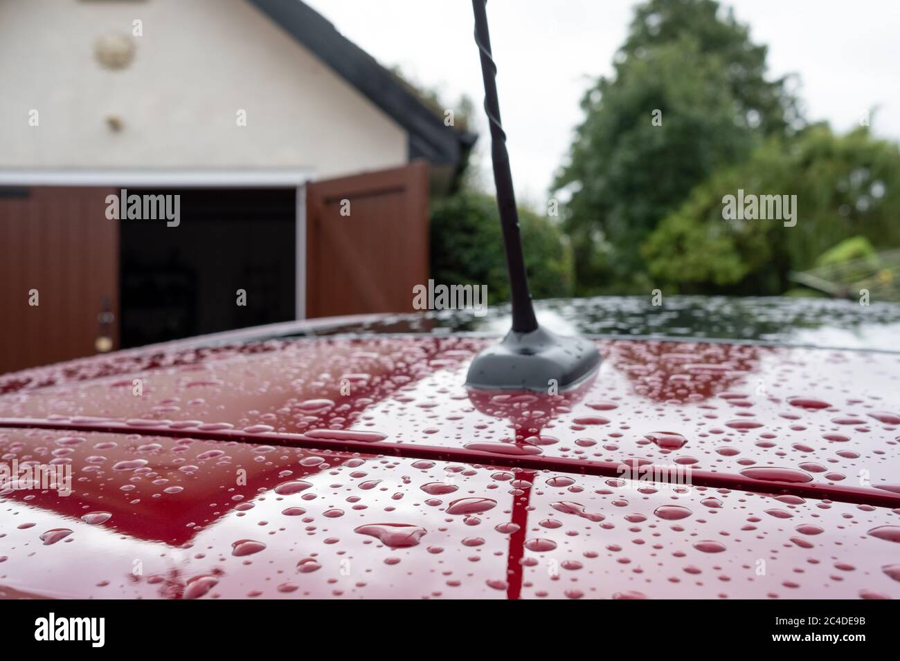Messa a fuoco superficiale di una nuova auto, che mostra gocce d'acqua sul tetto e spoiler. Foto Stock