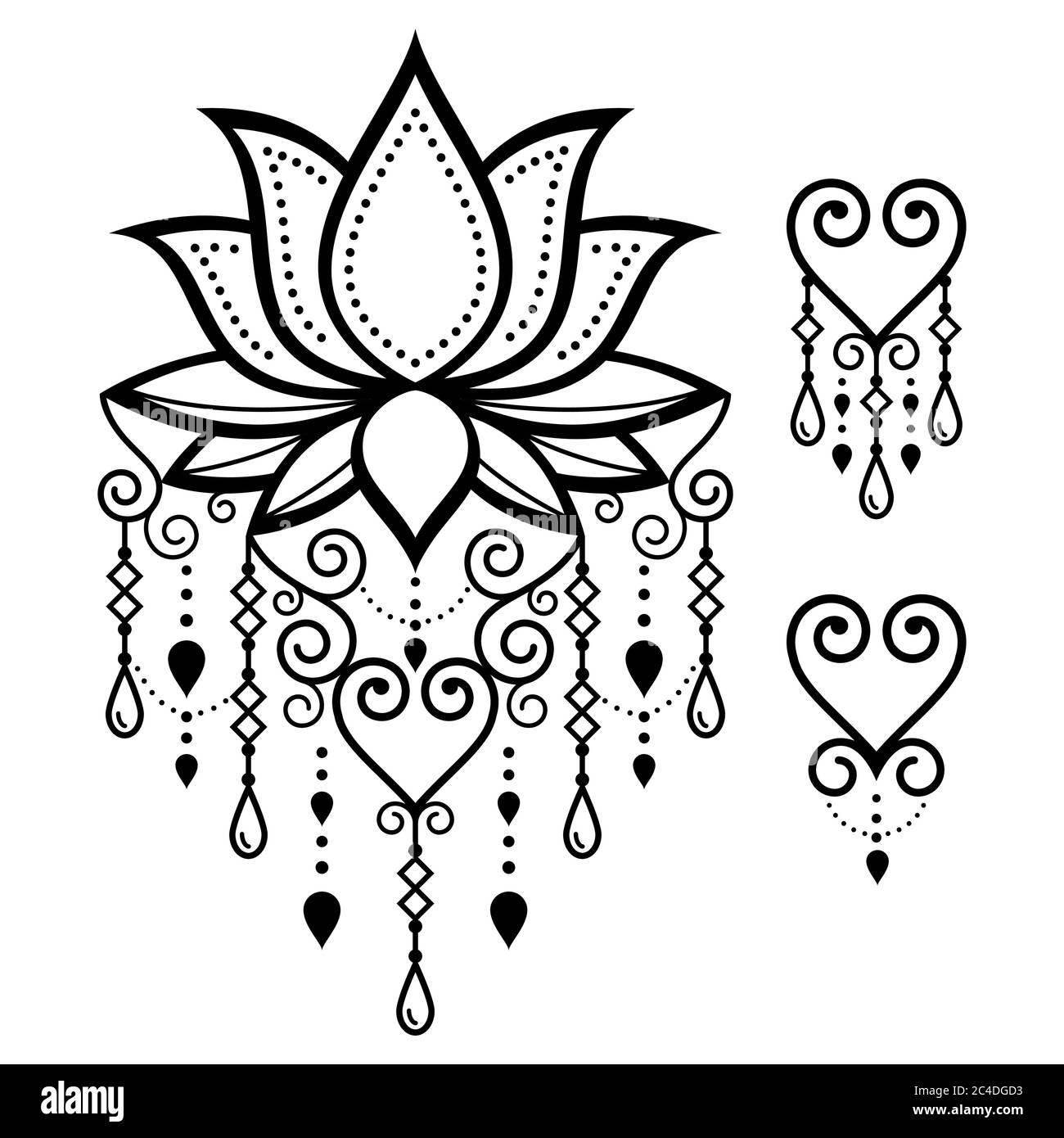 Lotus fiore yoga disegno vettoriale, modello indiano di tatuaggio henné Mehndi, boho lotus arte con catena, swirls e cuore Illustrazione Vettoriale