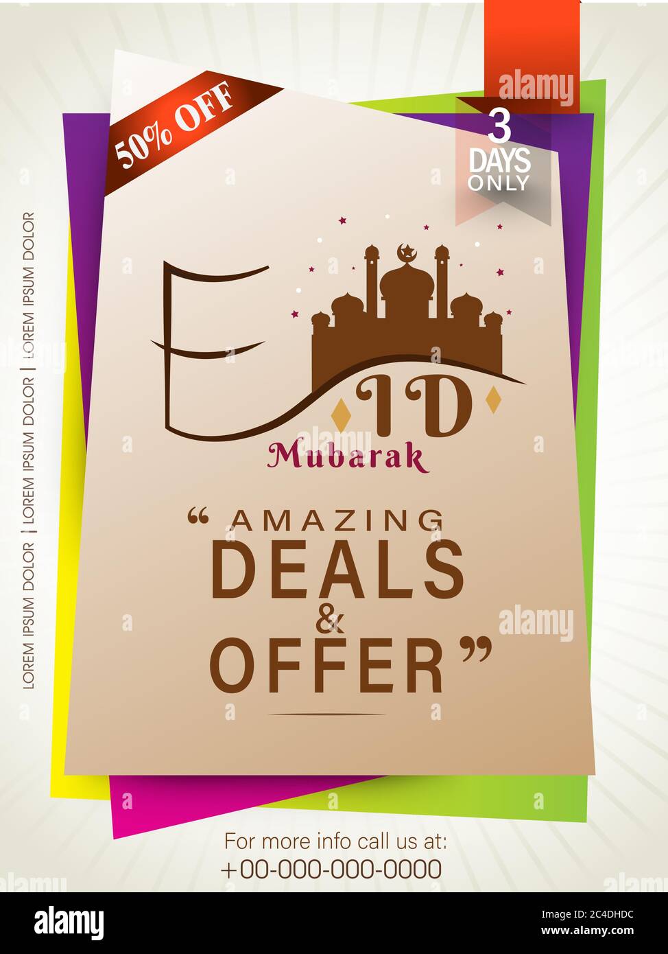 EID Mubarak vendita 50% di sconto modello banner, 3 giorni incredibili offerte e offerta, web background, illustrazione vettoriale Illustrazione Vettoriale