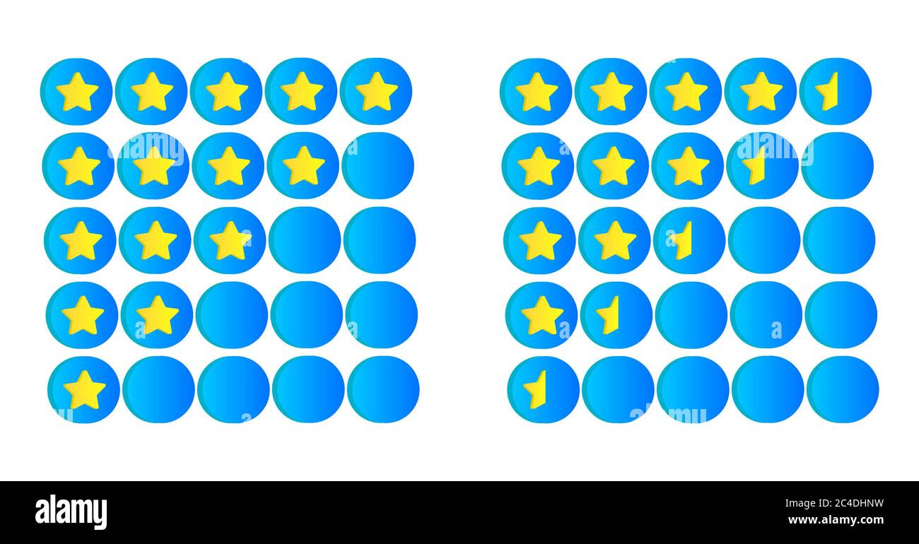 Classificazione delle stelle dorate in stile 3d. Simbolo del servizio di classificazione della qualità a stelle complete e a mezza. Isolato su sfondo bianco. Illustrazione Vettoriale
