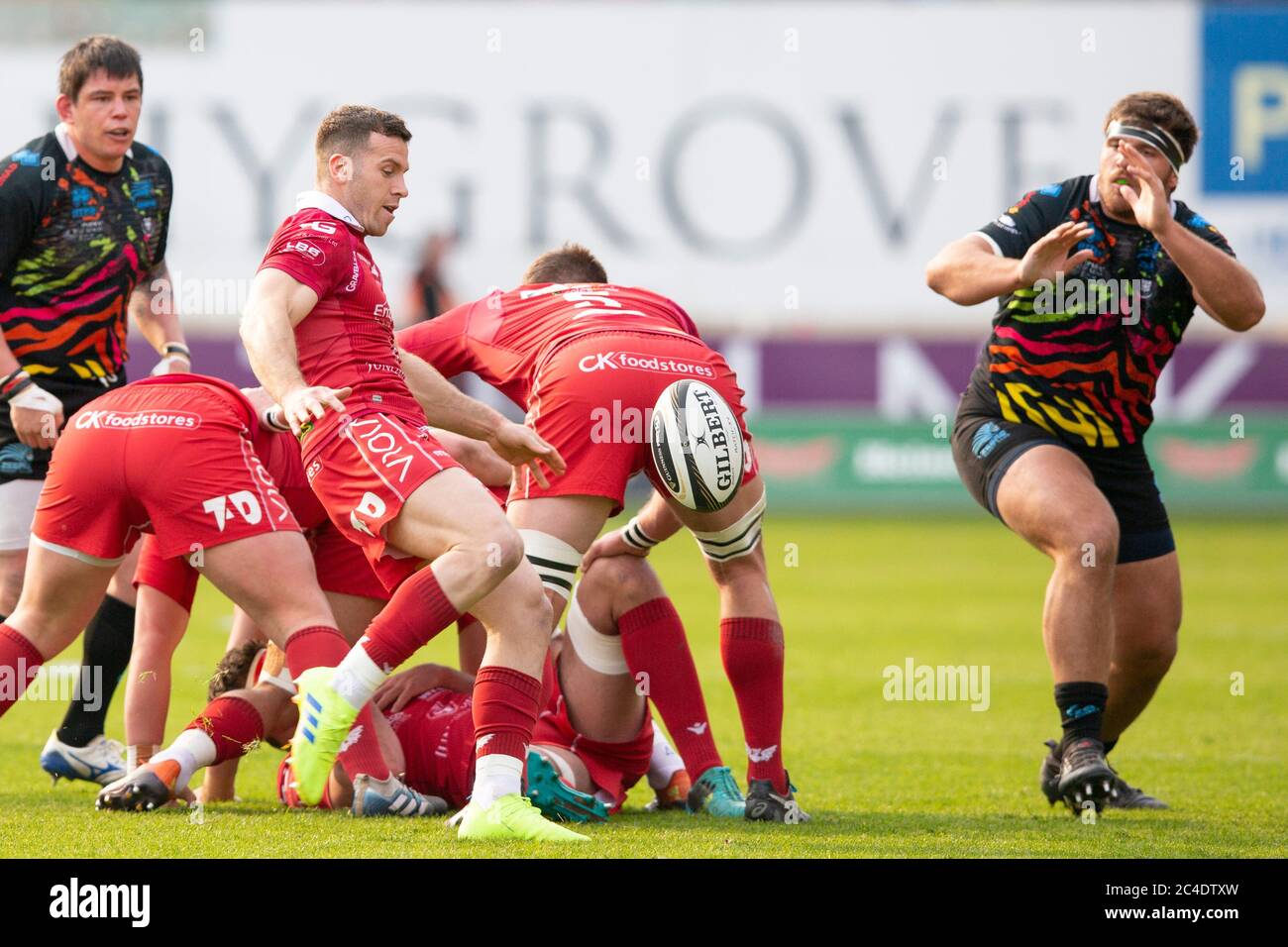 Parc y Scarlets, Llanelli, Galles, Regno Unito. Sabato 13 Aprile 2019.Scarlets mischia mezzo Gareth Davies calcia nella Guinness Pro14 match tra Scarlets e Foto Stock