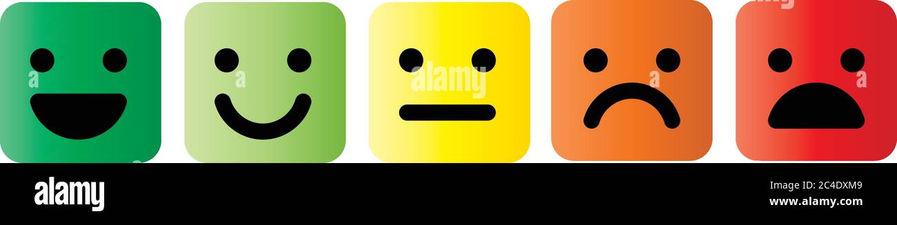 Emoticon di base quadrate con angoli arrotondati. Cinque espressioni facciali della scala di feedback - da positiva a negativa. Icone vettoriali semplici e colorate. Illustrazione Vettoriale