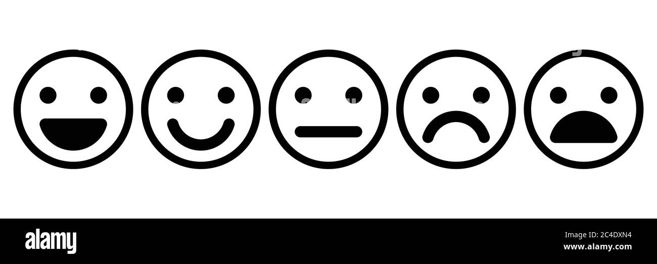 Set di emoticon di base. Cinque espressioni facciali di feedback - da positivo a negativo. Icone vettoriali semplici con contorno nero. Illustrazione Vettoriale
