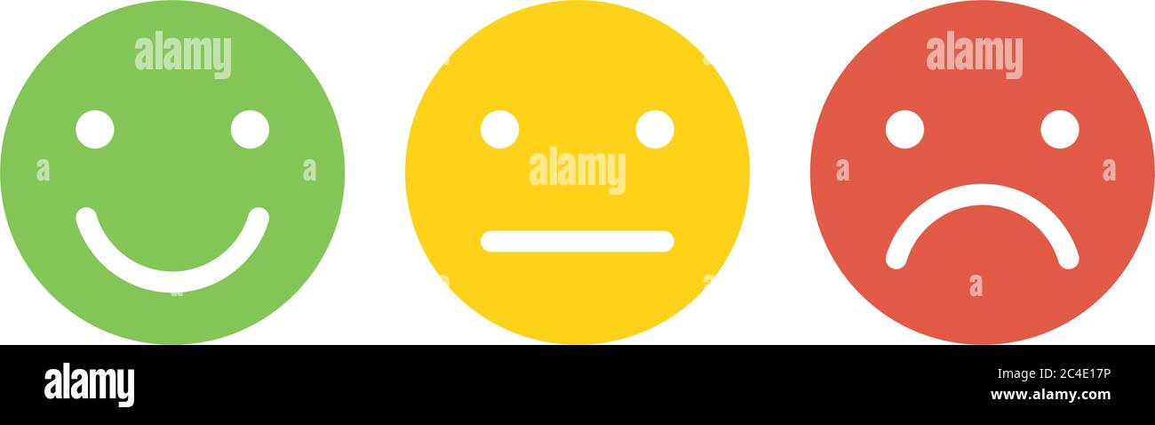 Set di emoticon di base. Tre espressioni facciali della scala di feedback - da positiva a negativa. Icone vettoriali semplici. Illustrazione Vettoriale