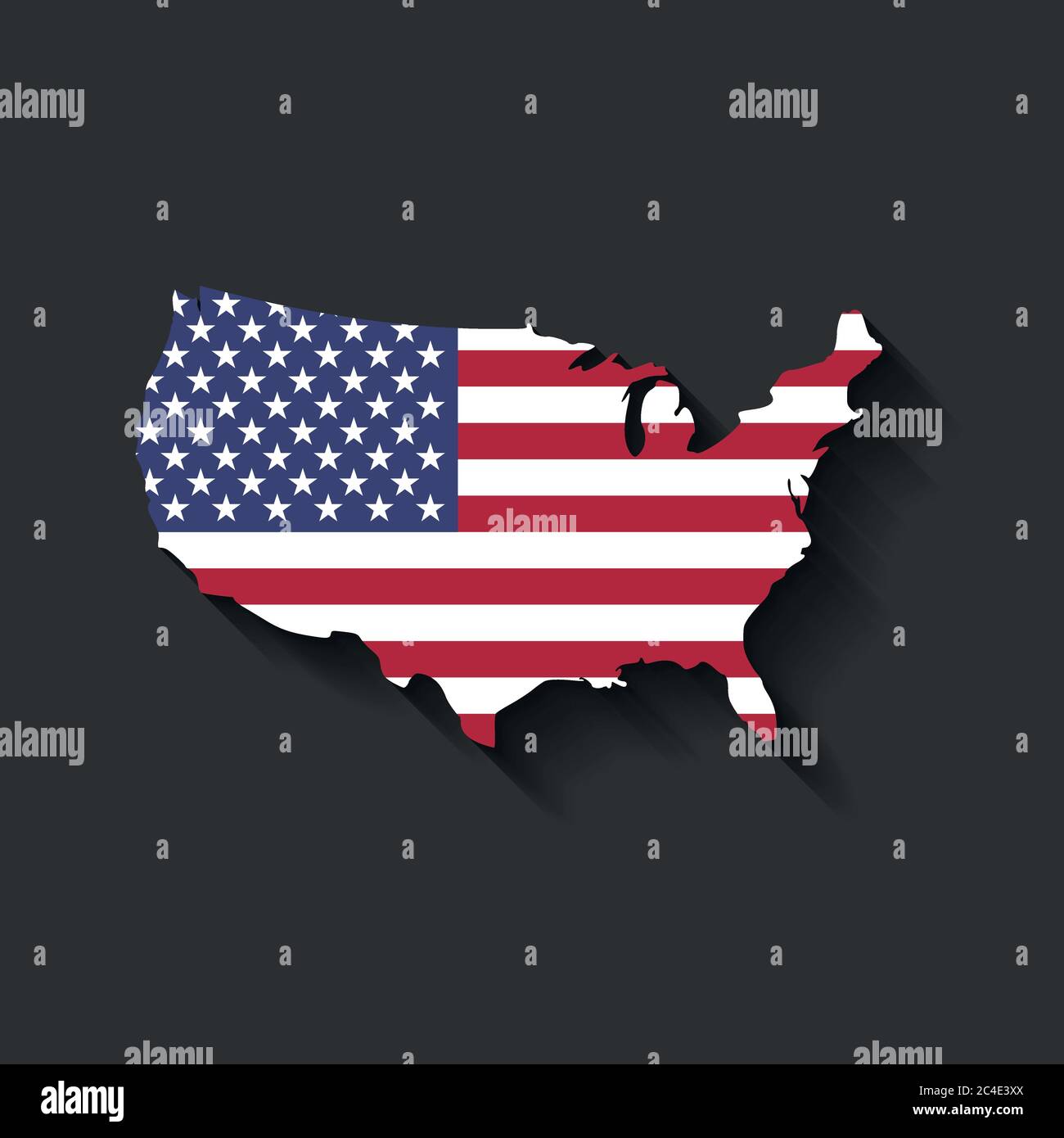Bandiera USA a forma di silhouette della mappa statunitense. Simbolo degli Stati Uniti d'America. Illustrazione vettoriale con ombreggiatura lunga su sfondo grigio scuro. Illustrazione Vettoriale