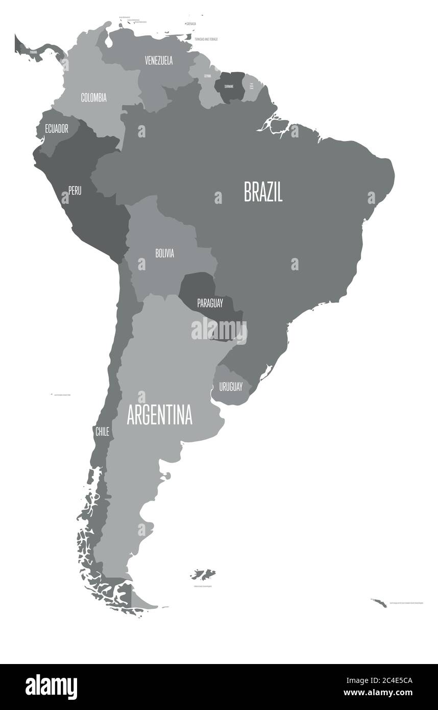Mappa politica del Sud America. Semplice mappa vettoriale piatta con etichette dei nomi dei paesi in quattro tonalità di grigio. Illustrazione Vettoriale Mappa politica del Sud America. Semplice mappa vettoriale piatta con etichette dei nomi dei paesi in quattro tonalità di grigio. Illustrazione Vettoriale