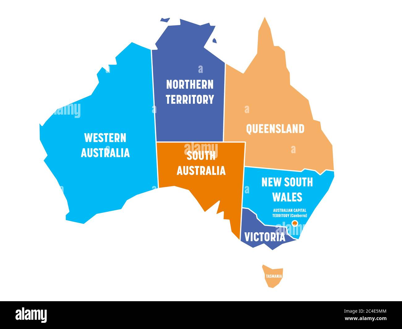 Mappa semplificata dell'Australia divisa in stati e territori. Mappa a quattro colori con bordi ed etichette bianche. Illustrazione vettoriale. Illustrazione Vettoriale