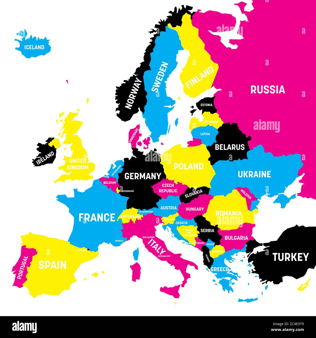 Mappa politica del continente europeo in colori CMYK isolati su sfondo bianco. Illustrazione vettoriale. Illustrazione Vettoriale