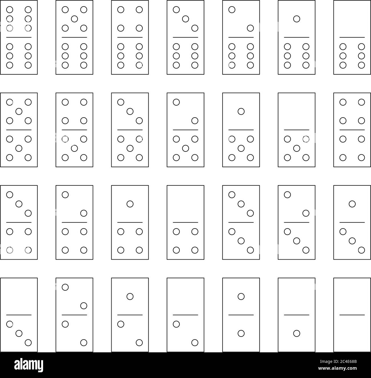 Domino Set di 28 piastrelle. Sottili pezzi neri con punti. Semplice illustrazione vettoriale piatta. Illustrazione Vettoriale