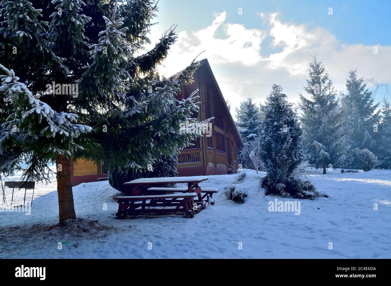 Cottage di legno in Foresta di pino coperto di neve in Transilvania. Foto Stock