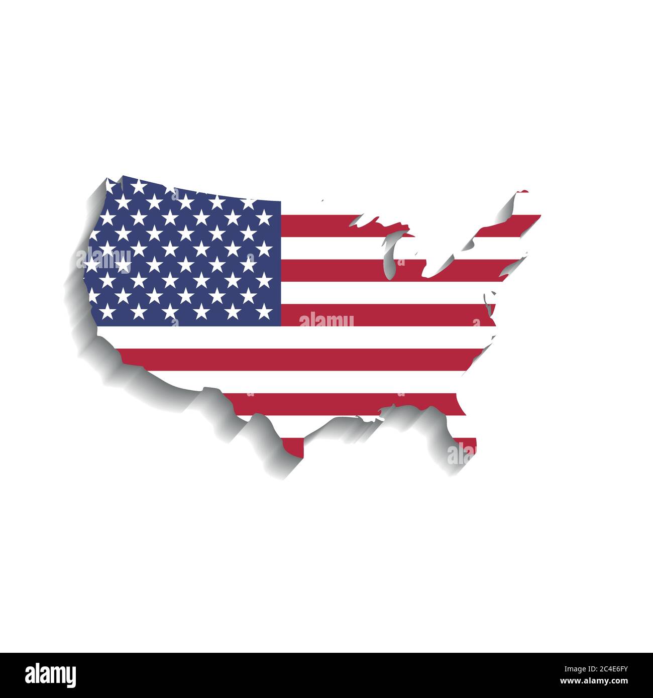 Bandiera USA a forma di silhouette della mappa statunitense. Simbolo degli Stati Uniti d'America. Illustrazione vettoriale con ombreggiatura lunga su sfondo bianco. Illustrazione Vettoriale