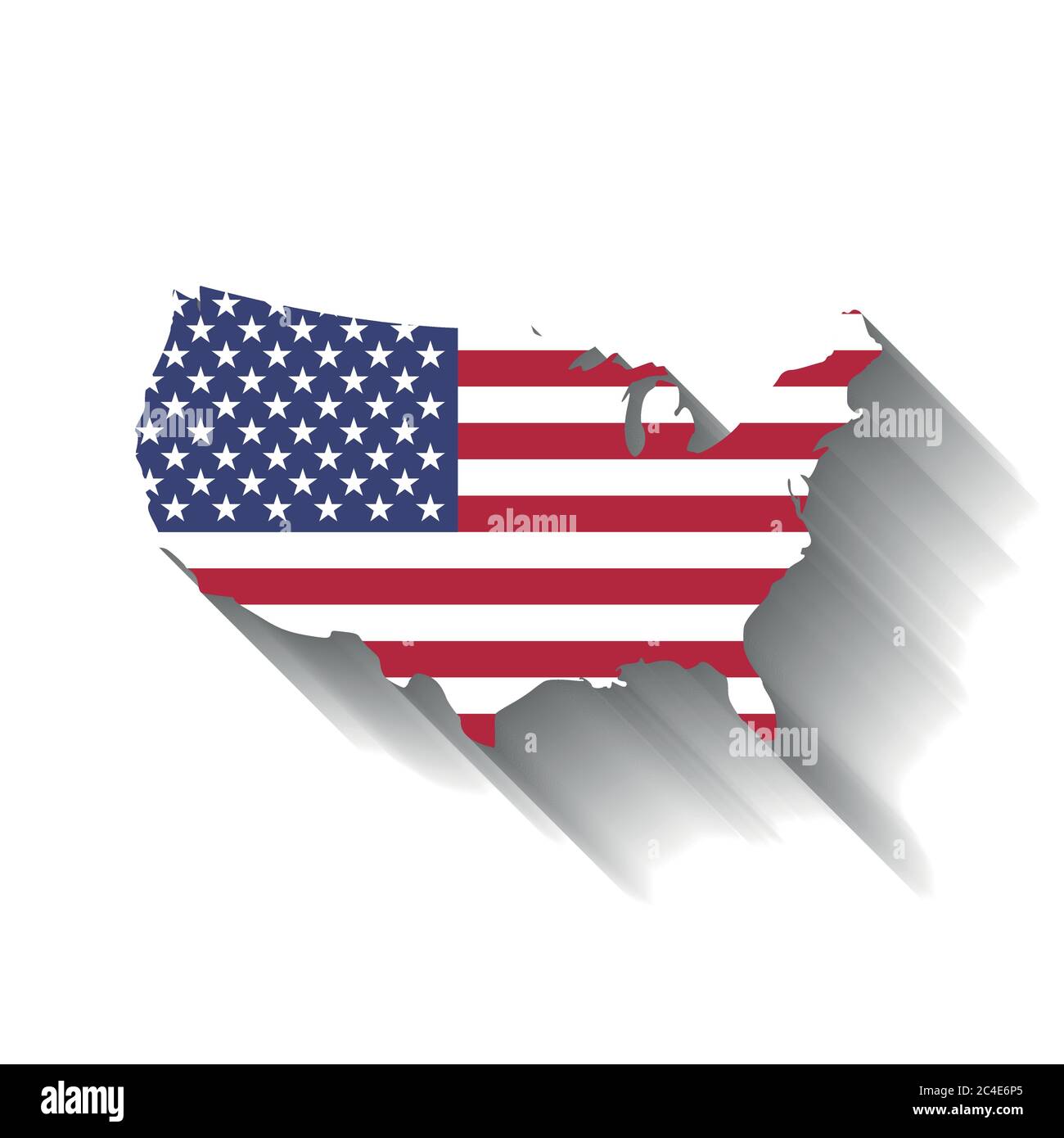 Bandiera USA a forma di silhouette della mappa statunitense. Simbolo degli Stati Uniti d'America. Illustrazione vettoriale con ombreggiatura lunga su sfondo bianco. Illustrazione Vettoriale