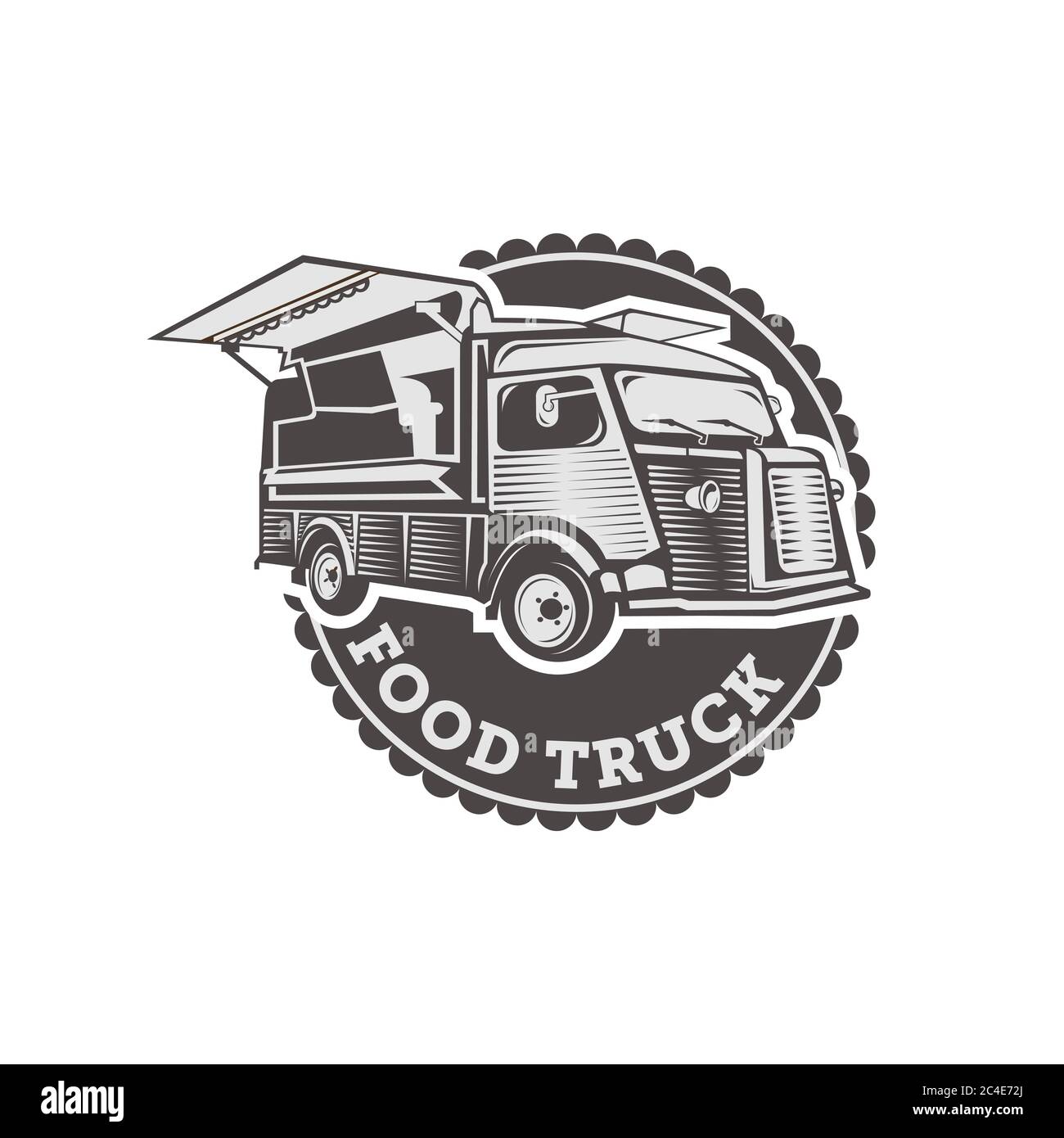 Immagine vettoriale del badge grafico del carrello per alimenti per strada. Food vecchio logo design.EPS 10 Illustrazione Vettoriale
