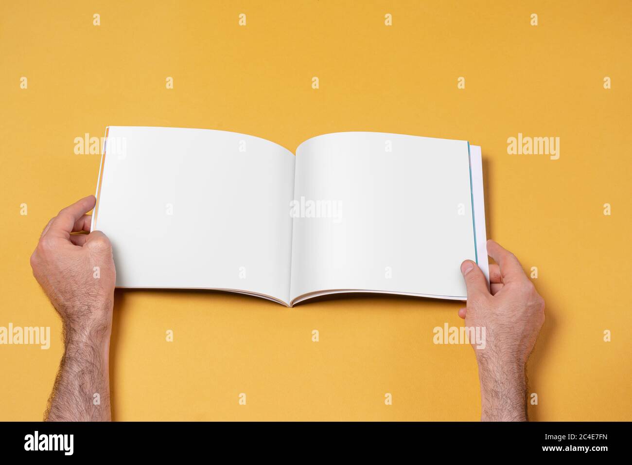 Mani maschili che tengono un libro-catalogo aperto con pagine vuote su sfondo giallo, modello di serie mock-up pronto per il tuo percorso di selezione delle pagine di disegno in Foto Stock
